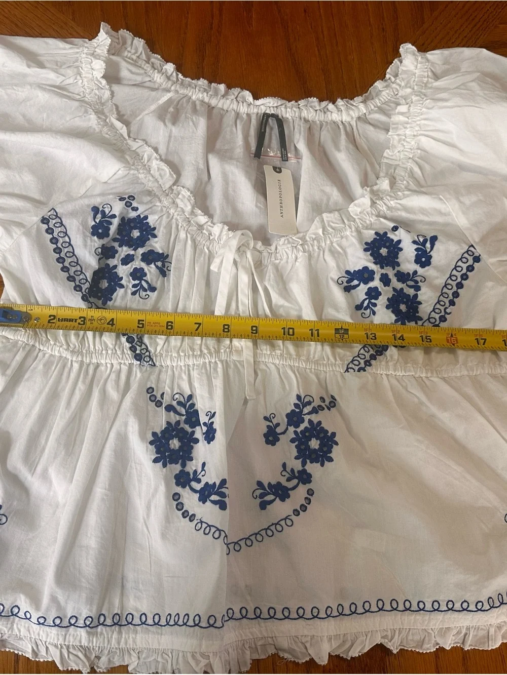 White Embroidered Peasant Top with Blue Floral Detailing